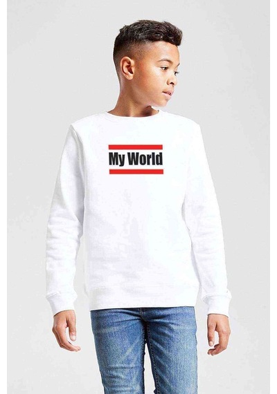 Tshirthane My World Baskılı Unisex Çocuk Beyaz Sweatshirt Beyaz