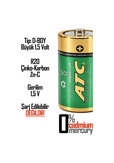 Atc 2li Büyük Boy Pil R20 D-size Pil D Boy Pil Oyuncak Pili Çinko Karbon Pil Zn-c 1.5 V