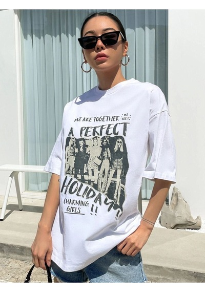 Unisex Beyaz A Perfect Baskılı Oversize Bisiklet Yaka T-shirt 001