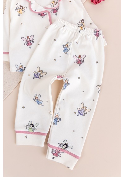 Babymod Bebe Yaka Önden Düğmeli Melek Desenli Kız Bebek Pijama Krem