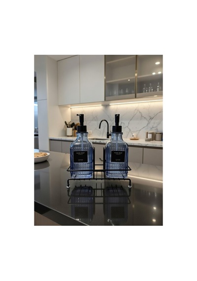 Modern Çizgili Cam İkili Sıvı Sabunluk & Deterjanlık Seti - 500ml Standlı Mutfak Ve Banyo Organizeri Mavi