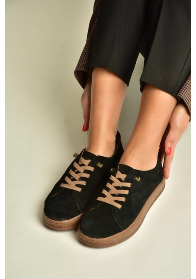 Fox Shoes V999060502 Siyah Hakiki Deri Süet Kadın Spor Ayakkabı Sneakers