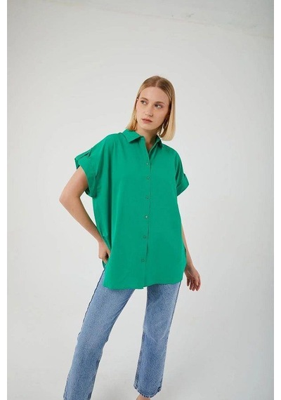 Mixray 3967 Kadın Apoletli Kısa Kol Oversize Gömlek Yeşil