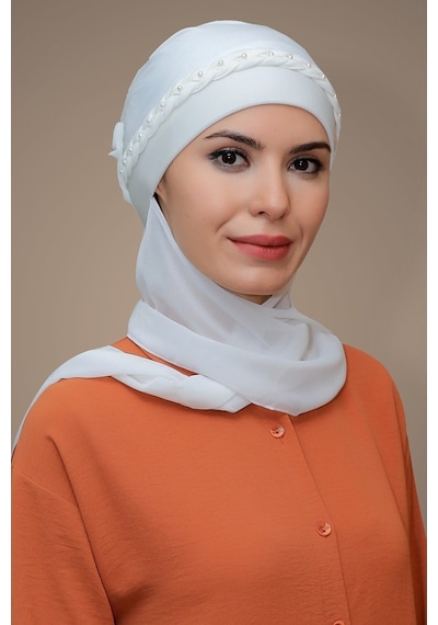 Hürrem Bone Krem Pratik Hazır Geçmeli Tesettür Bone Sandy Kumaş Örgülü Güllü Krem