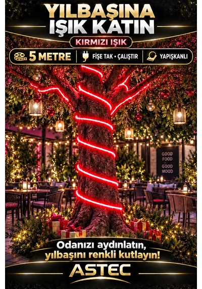 Astec Tak Çalıştır 5 Metre Yapışkanlı Kırmızı Şerit Led Yılbaşı Ağacı Süsü Ve Dekoratif Ev Aydınlatması Fişe 220v