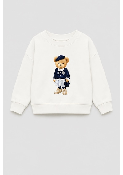 Monila Kız Çocuk 3 İplik Kumaş Pamuklu Ayıcık Baskılı Sweatshirt Ekru