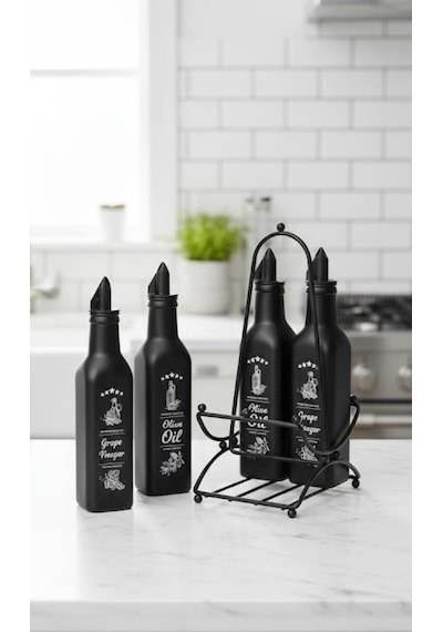 Black Desen 4'lü Yağlık Metal Standlı Set Siyah