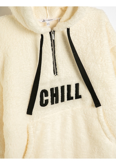 Koton Kapşonlu Peluş Sweatshirt Yarım Fermuar Detaylı Kanguru Cepli İşlemeli Ekru 4wal10098ık Ekru
