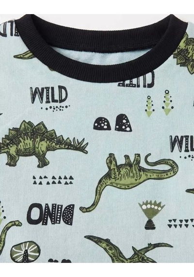 Veraura Lifestyle 4/10 Yaş Dino Baskılı Pamuk Penye Çocuk Pijama Takımı Yeşil