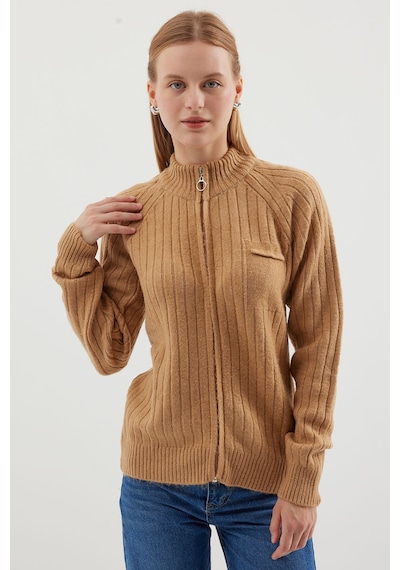 Bigdart 15880 Fermuarlı Triko Hırka - Camel 001