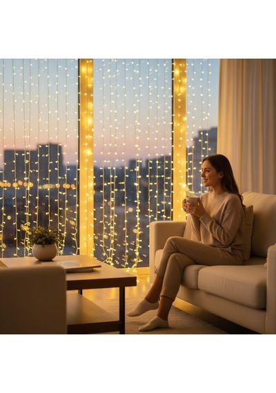 3x2 Metre Fişli 216 Led Saçak Işık Zinciri Dekoratif Yılbaşı Aydınlatması, Ev, Salon, Balkon Ve Perde Süsl
