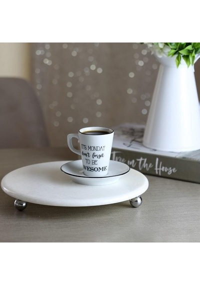 Akayev Mermer Beyaz 19 Cm Gümüş Boncuk Ayaklı Kahve Sunumluk - Yağ Ve Takı Standı Beyaz