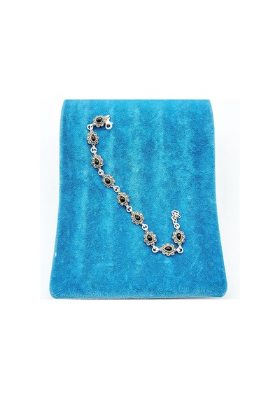 Su Yolu Markazit Ve Oltu Taşı İşçilikli 925 Ayar Gümüş Bileklik Siyah - Gümüş