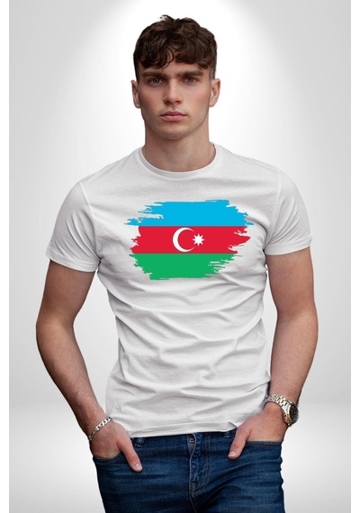 Azerbeycan Bayrağı Unisex Unisex Beyaz Organik Baskılı T-shirt Penye Yüksek Kalite Beyaz