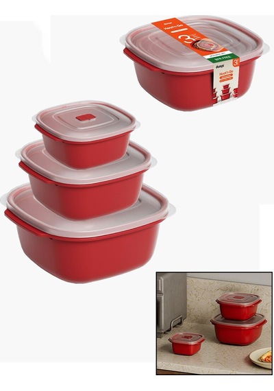 3 Pcs Kırmızı Kare Saklama Kabı Set 550-1100-2200ml 5570