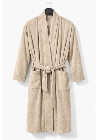 Kimono Yaka Unisex Pamuklu Tek Kişilik Bornoz Bej Renkli