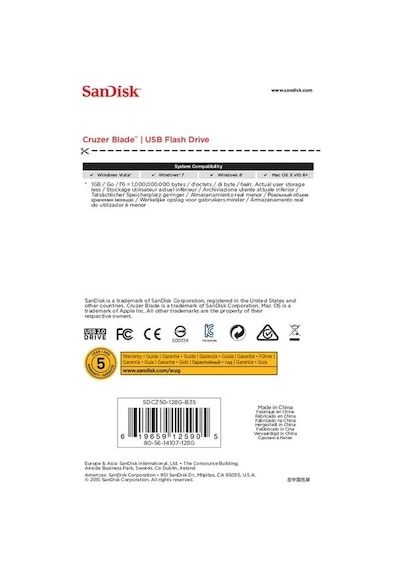 Sandısk Cruzer Blade 128gb 619659125905