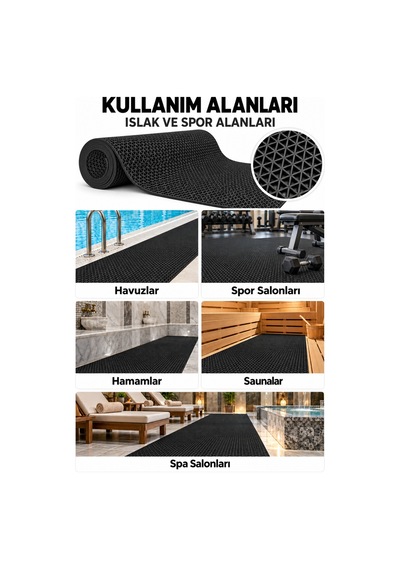 Hortumtech Zmat Yıldız Paspas Kaydırmaz Pvc Islak Zemin Duş Havuz Su Tahliyesi 5 Mm - Siyah 120 X 650 Cm
