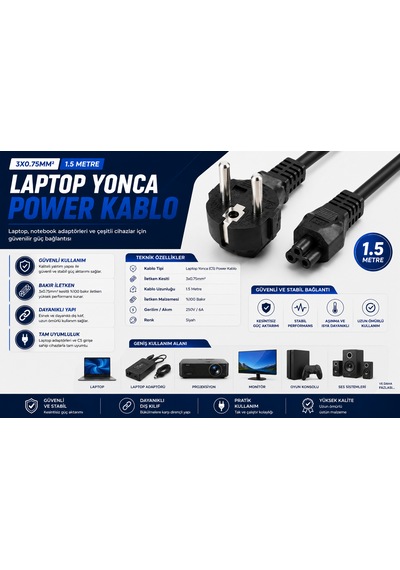 Laptop Yonca C5 Güç Kablosu 1.5 M 3 0.75 Mm²