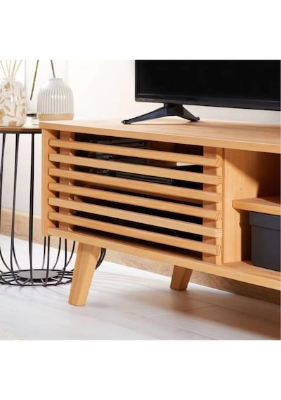 Scandiline Modern Ahşap Tv Ünitesi Izgara Kapaklı Minimal Tasarım Natural