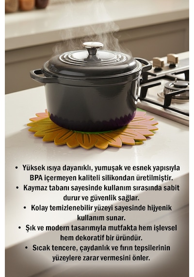 Ayçiçeği Model Kaymaz Silikon Nihale Tencere, Tava, Çaydanlık Ve Servis Altlığı 18,5 X 18,5 Cm Turuncu