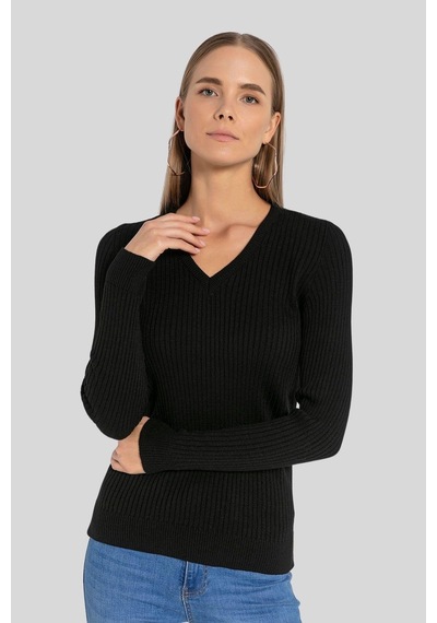 Miss Poem Kadın V Yaka Slim Fit Fitilli Uzun Kışlık Ekru Triko Kazak Siyah