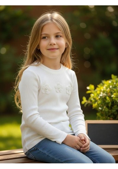 Zekids Kız Çocuk Çiçek Desenli Fitilli Uzun Kollu T-shirt-16385 Ekru