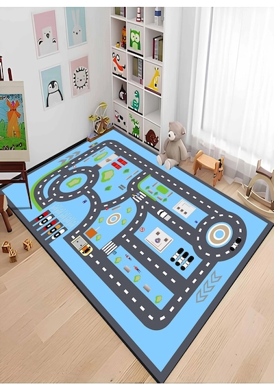Mavi Ve Gri Renk Şeritli Yol Çocuk Odası Halısı Mavi