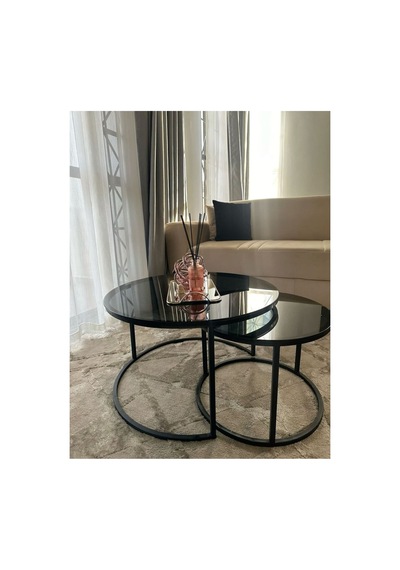 Milas Orta Sehpa Siyah Metal - Temperli Kırılmaz Füme Cam 75 Cm Siyah - Füme