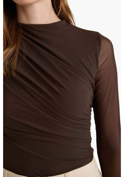 Defacto Slim Fit Dar Kesim Tül Uzun Kollu Çıtçıtlı Body G3075ax25aubn220 Kahve