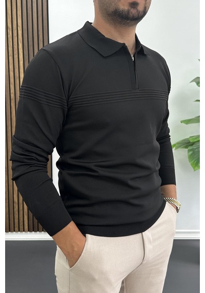 Edwox Erkek Slim Fit Çizgi Detaylı Polo Yaka Kazak Siyah Edw427 Siyah