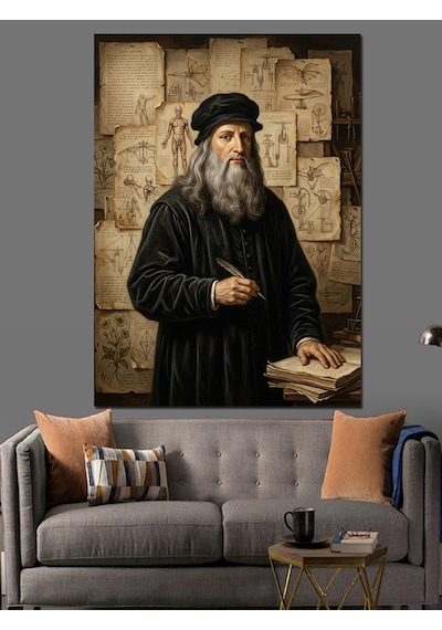 Çalışma Masasında Leonardo Da Vinci Dekoratif Kanvas - Mdf Ahşap Tablo