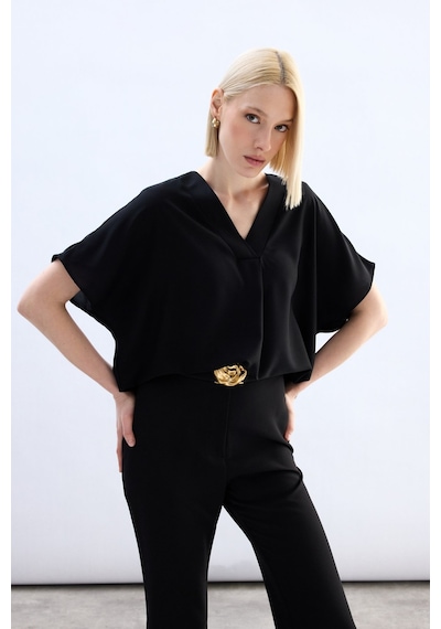 Sateen Geniş Kısa Kollu Bluz - Siyah-136758 Siyah