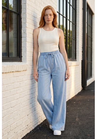 Soulshae Yüksek Bel Beli Lastikli Denim Pantolon Mavi 1