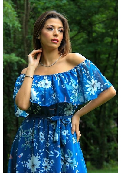 Neşeli Butik Kadın İndigo Bağlama Detaylı Madonna Yaka Şifon Elbise Nb100371 Indigo
