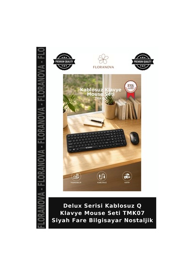 Delux Serisi Kablosuz Q Klavye Mouse Seti Tmk07 Siyah Fare Bilgisayar Nostaljik