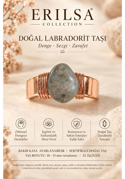Sertifikalı Doğal Labradorit Taşı Yüzük Bakır Kasa Ayarlanabilir Çok renkli