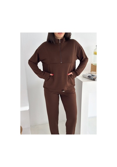 Gugus Kadın Yarım Fermuarlı Model Beli Lastikli Dar Paça Eşofman Takımı Kahverengi