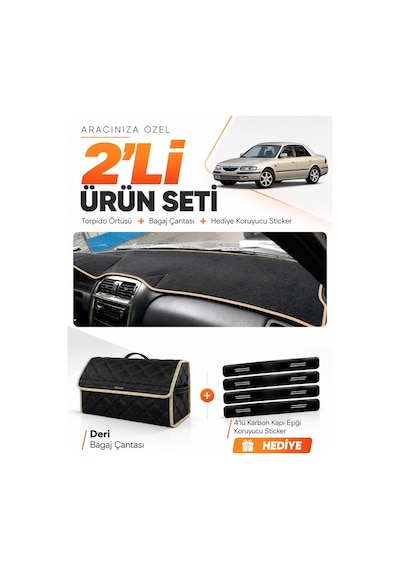 E-biz Mazda 626 1997-2002 Uyumlu Torpido Örtüsü + Deri Bagaj Çantası Seti - Siyah-bej - Ma011