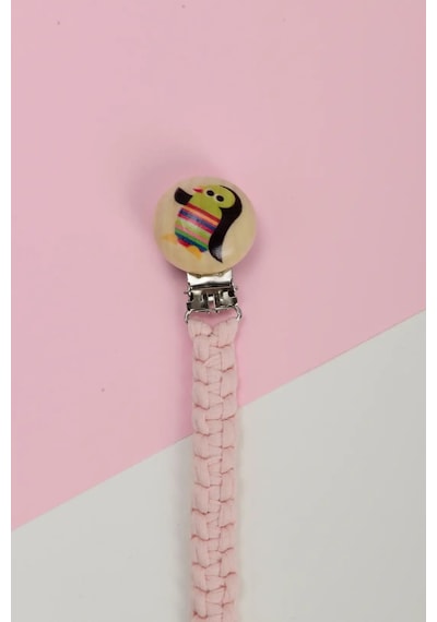 E&f Store El Örmesi Doğal Ahşap Emzik Askısı - Penguen - Pembe