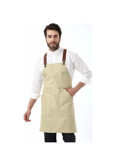 Barista Askılı Önlük Kanguru Cepli Deri Kemerli - Bej