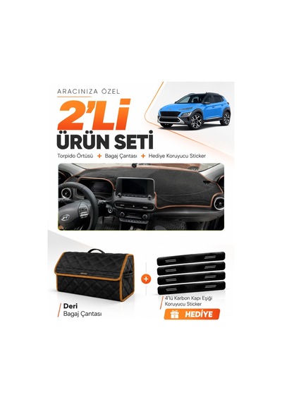Hyundai Kona 2020-2022 Uyumlu Torpido Örtüsü + Deri Bagaj Çantası + Sticker - Siyah Kahverengi