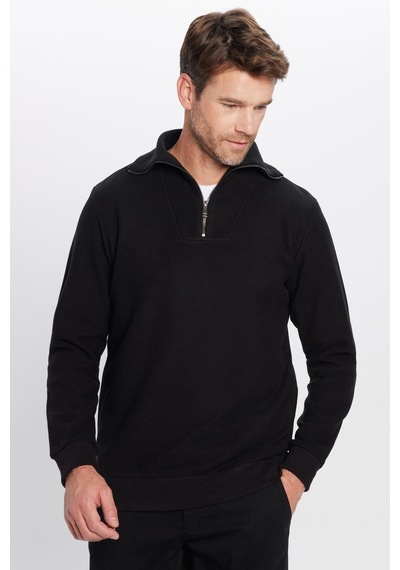 Tudors Unisex Relax Fit Rahat Kesim Fitilli Desenli Pamuklu Yarım Fermuarlı Siyah Dik Yaka Sweatshirt-31986 Siyah