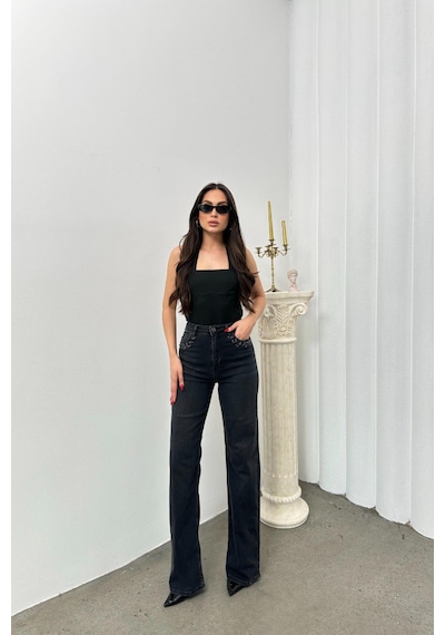 Lacarino 7984 Wide Leg Kadın Jean Pantolon Siyah Taşlı