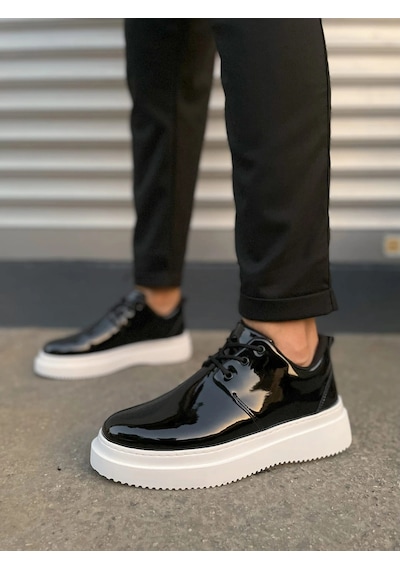 Mevese Ornex Erkek Deri Görünümlü Bağcıklı Casual Sneaker Klasik Günlük Ayakkabı - Siyah Beyaz Rugan