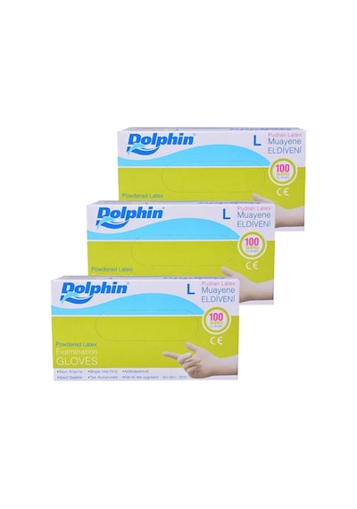 Dolphin Tek Kullanımlık Lateks Beyaz Pudralı Large Büyük Boy Muayne Eldiveni - 3 Adet 100'lü Paket