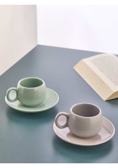 2'li Kahve Fincan Takımı Yeşil Gri Espresso Fincanı Yeşil