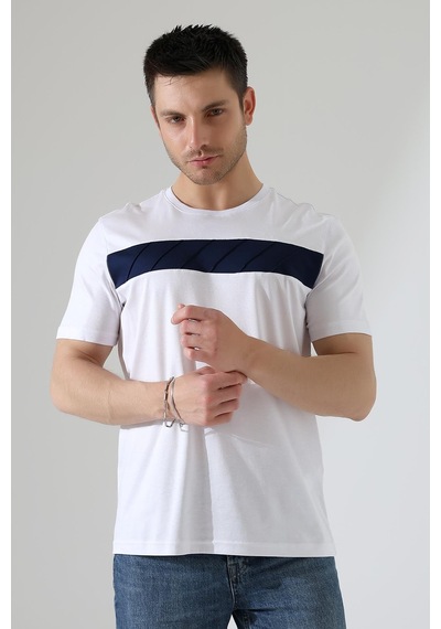 Erkek İki Renk Parçalı Bisiklet Yaka T-shirt - Pamuklu Tişört Beyaz