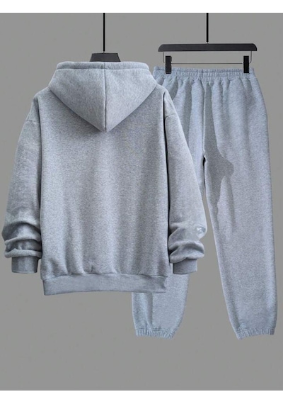 Vip Eşofman Takımı Sweatshirt Jogger - Gri Baskılı Oversize Şardonlu Kapüşonlu Gri
