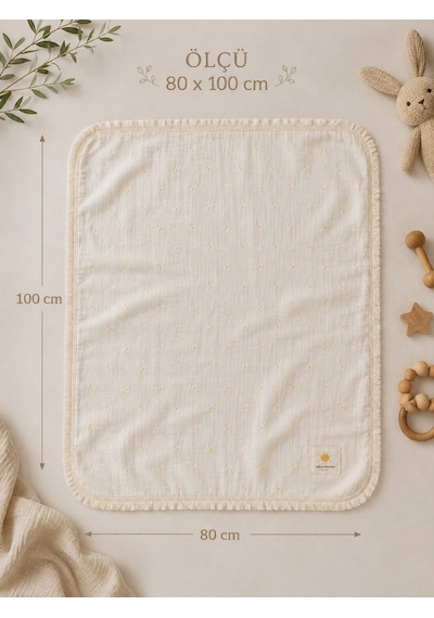 Heianmono 2 Katlı Jakarlı Krem Rengi %100 Pamuk Müslin Saçaklı Bebek Battaniye 80x100 CM